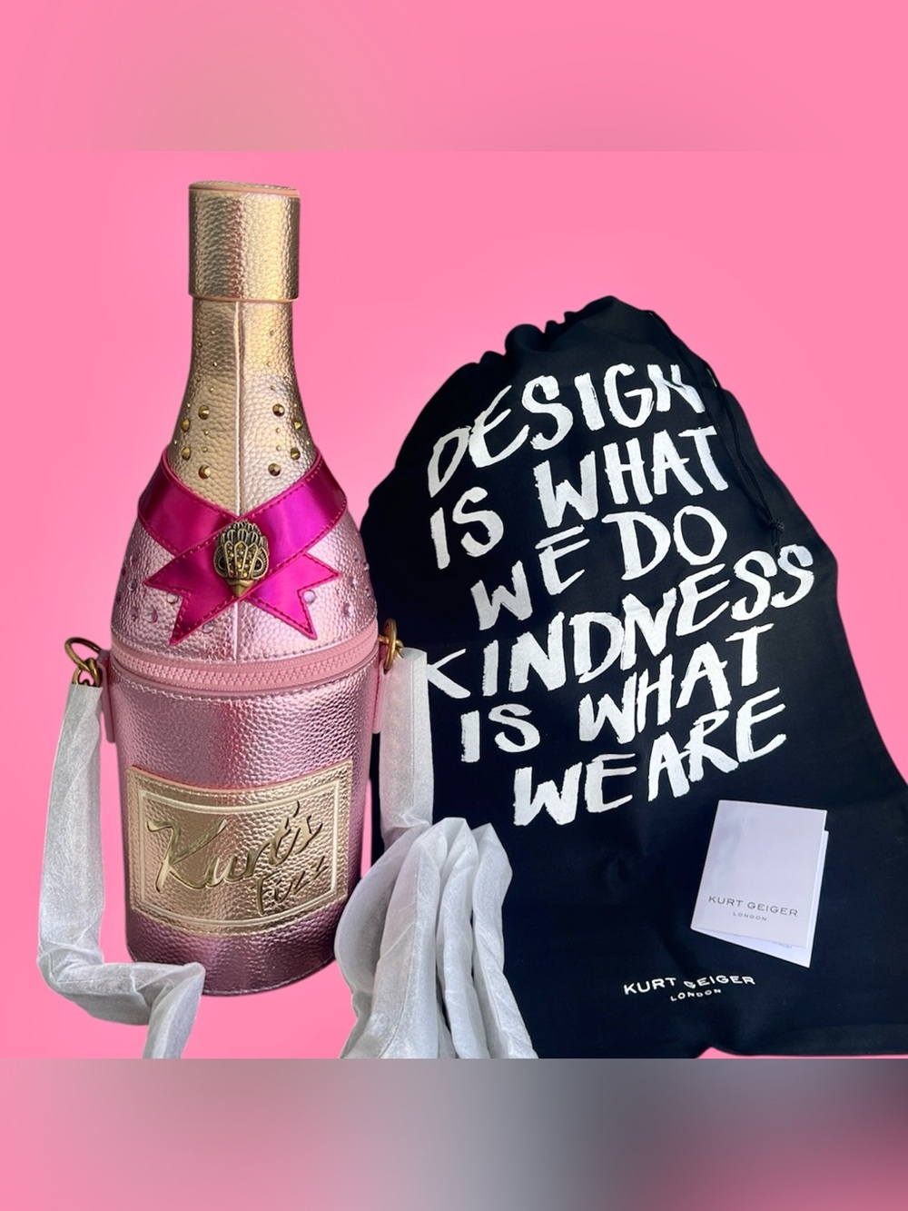 Kurt Geiger Champagne Bottle Crossbody Purse Pinks & Gold PU Leather/Dust BagNWT - Picture 15 of 17